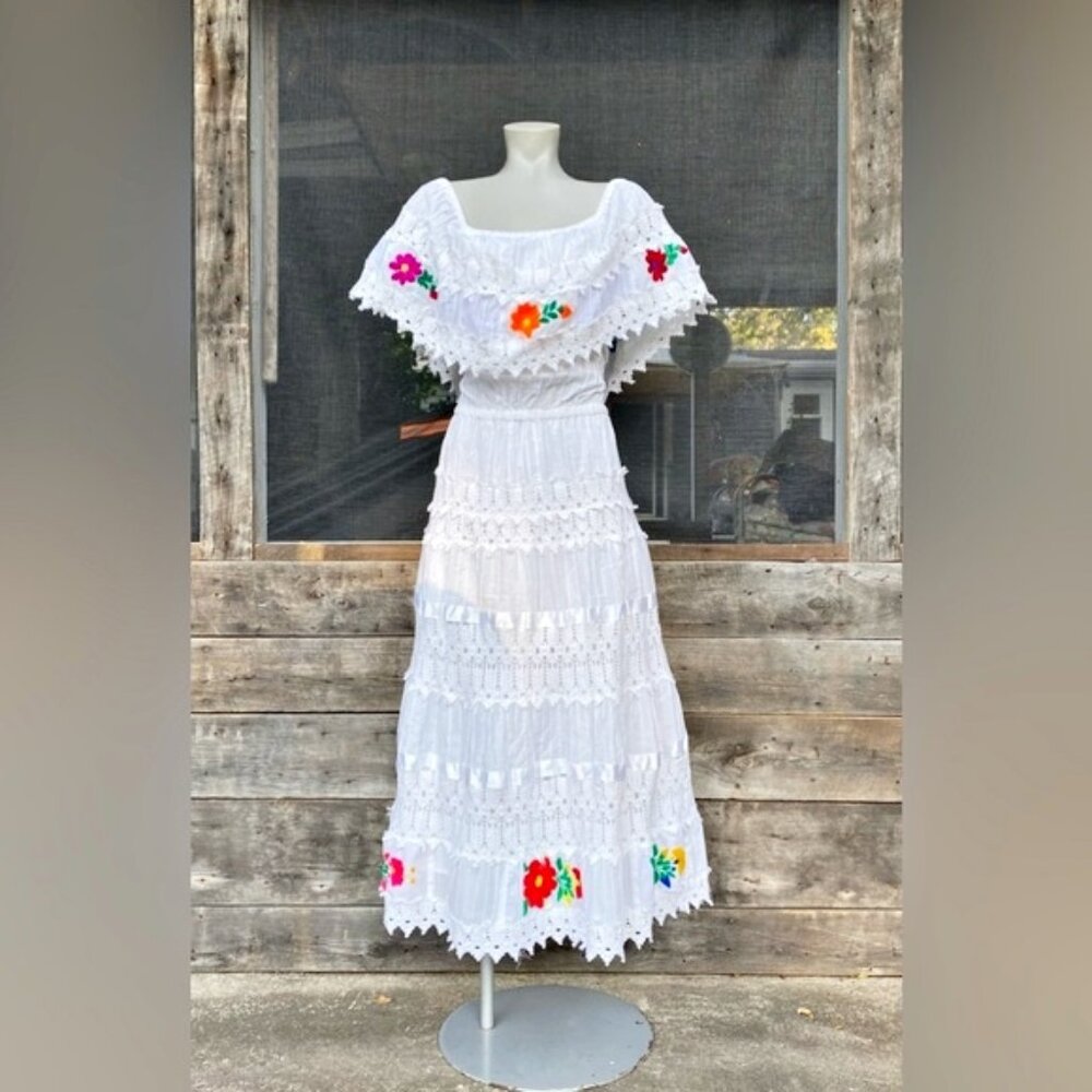 Vintage White Midi Dress with Multicolored Floral Embroidery